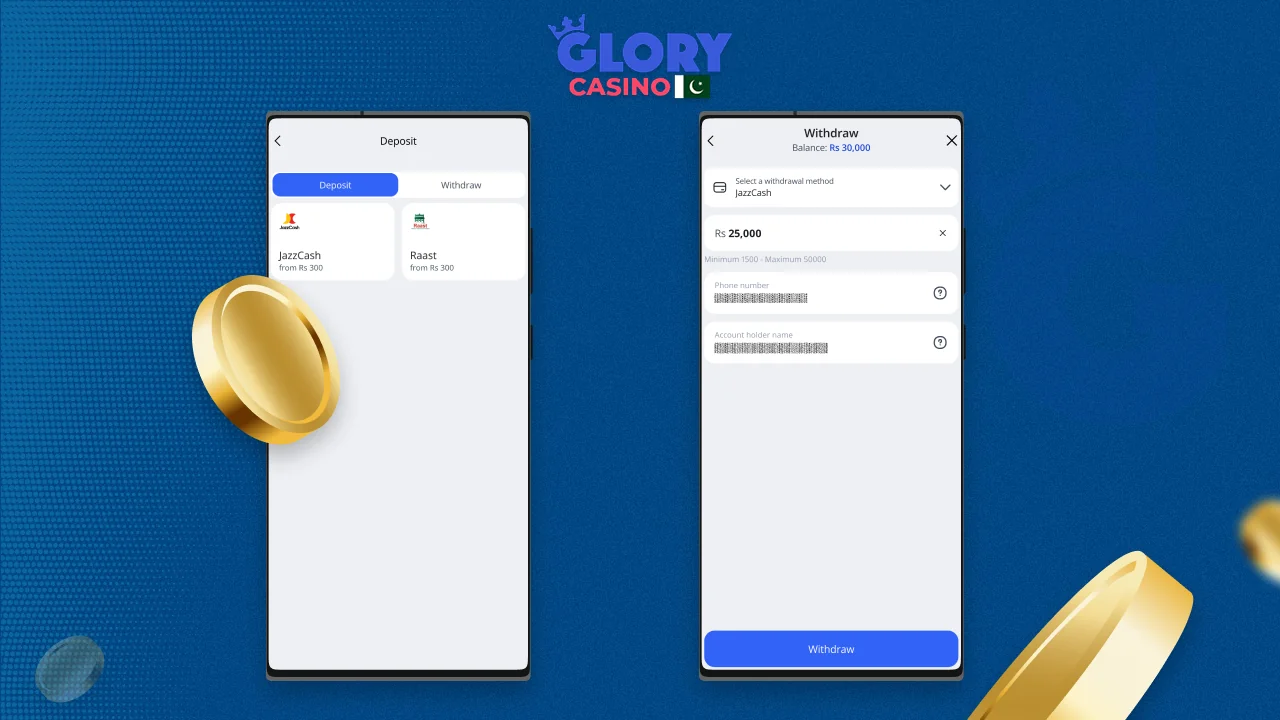 Payment methods available in the Glory Casino app for Pakistani players